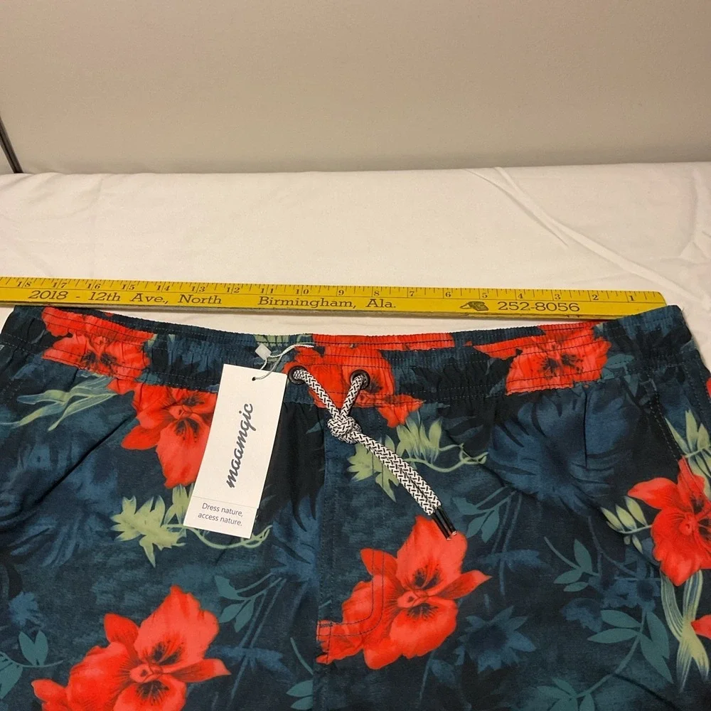 Maamgic‎ Mens XXL Swim Trunks Tropical Floral Hibiscus Board Shorts Red Teal NEW
